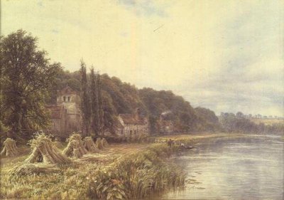 Village au bord de la rivière avec des pêcheurs - Edmund George Warren