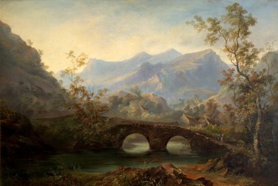 Paysage montagneux avec rivière, pont et cottages, 19e siècle - Edmund John Niemann