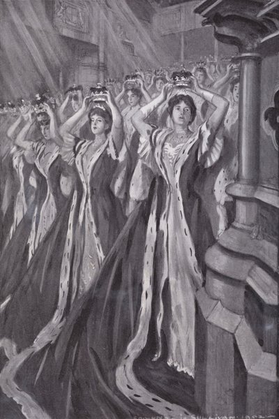 Pairies mettant leurs couronnes lors du couronnement de la reine Alexandra, épouse du roi Édouard VII, abbaye de Westminster, Londres - Edmund Joseph (after) Sullivan