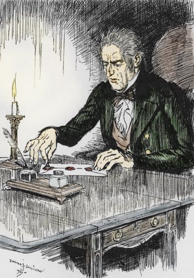 Dr Jekyll ferme la lettre où il avoue être Mr Hyde le meurtrier, Illustration par Edmund Joseph Sullivan (1869-1933) pour le roman « L