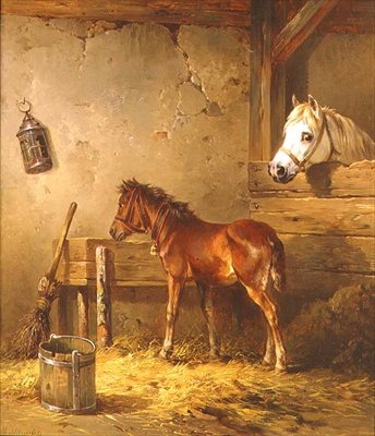 Jument et poulain dans une écurie - Edmund Mahlknecht