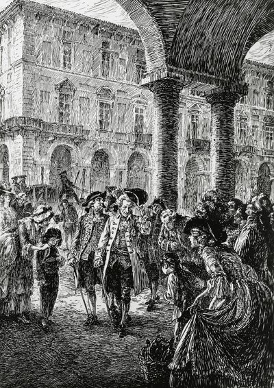 Rencontre sous les arcades de Turin, illustration pour La tempête, Satet, Turin - Edoardo Calandra