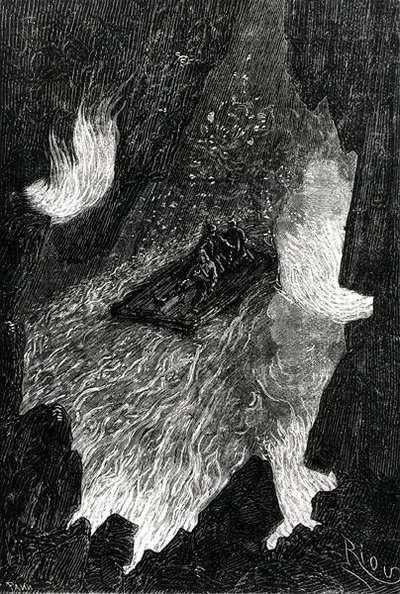 Le radeau ondulé sur des vagues de lave, illustration de 