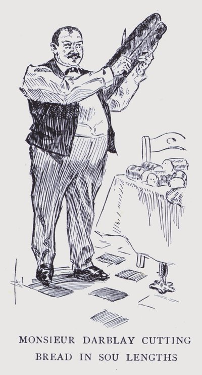 Paris bohème : Monsieur Darblay coupant le pain en longueurs de sou (litho) - Edouard Alfred (1875-1954) Cucuel