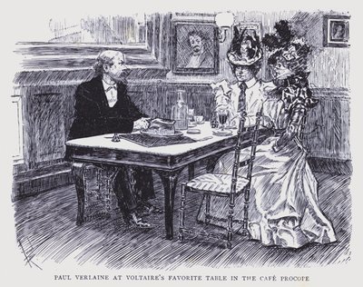 Paris bohème : Paul Verlaine à la table préférée de Voltaire au Café Procope (litho) - Edouard Alfred (1875-1954) Cucuel