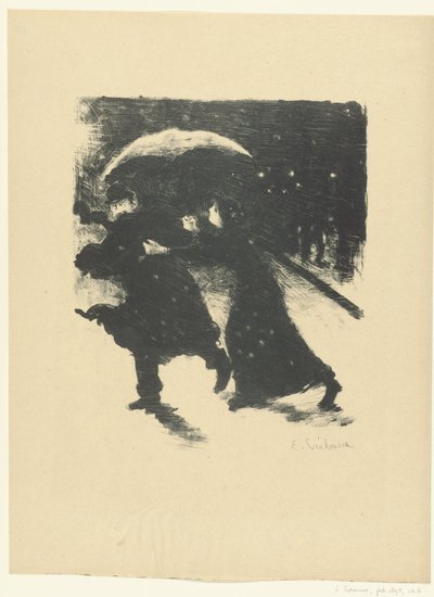 Homme et femme sous un parapluie dans la neige le soir (Nocturne) - Edouard Crébassa