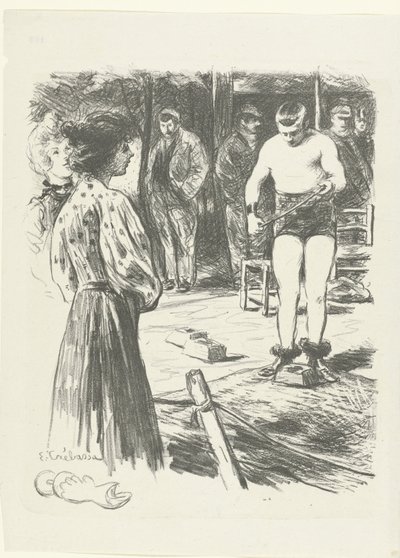 Deux femmes et hommes dans le public regardant un lutteur - Edouard Crébassa