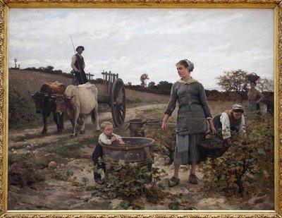 Coin de vigne ; Languedoc. Scène rurale avec un homme sur une charrette, des femmes cueillant des raisins et un enfant mangeant les fruits récoltés. Peinture d