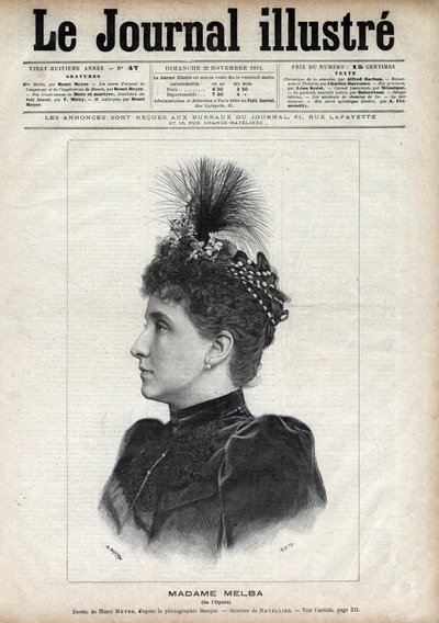Portrait de Nellie Melba (Helen Porter Mitchell, dite) (1861-1931), soprano australienne - Gravure par Navellier dans « Le Journal Illustré » de 1891 - Edouard Felicien Eugene Navellier
