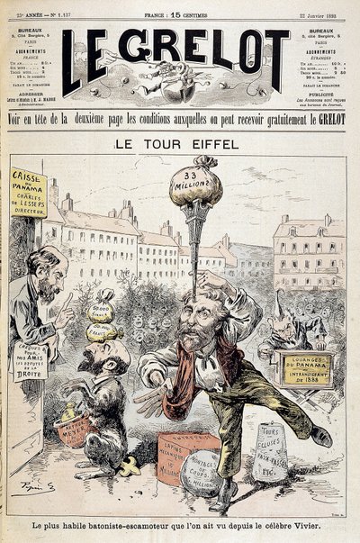 Caricature sur les scandales financiers « La Tour Eiffel : le plus habile bâtonniste - rétracteur vu depuis le célèbre Vivier ». Couverture « Le Grelot » du 22 janvier - Edouard Guillaumin Pepin