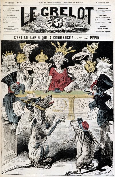 Le lapin démasqué ! - Caricature sur le conflit franco-allemand, un chien portant un casque prussien dénonce un lapin portant un képi de l
