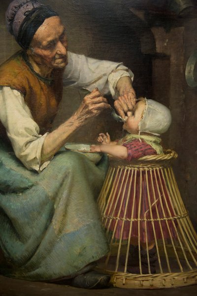 Une vieille femme nourrit sa petite-fille tenue dans un trotteur en osier, par Édouard Jérôme Paupion - Edouard Jerome Paupion