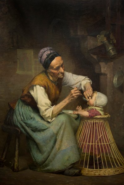Une vieille femme nourrit sa petite-fille tenue dans un trotteur en osier - Edouard Jerome Paupion
