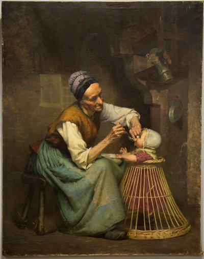 Une vieille femme nourrit sa petite-fille tenue dans un trotteur en osier - Edouard Jerome Paupion