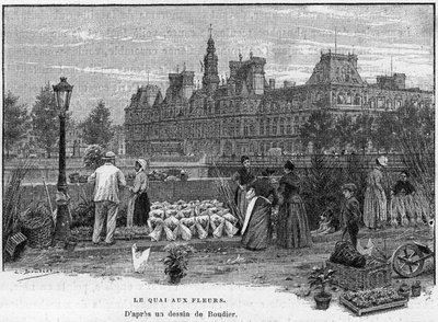 Scène parisienne au XIXe siècle : marchands de fleurs sur le quai aux fleurs de l