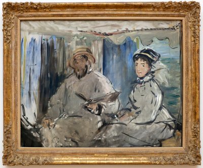 Le peintre Claude Monet (1840-1926) dans son atelier (à ses côtés, sa femme Camille, dans son atelier bateau) - Édouard Manet