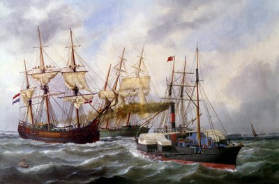 Deux trois-mâts remorqués par Le Neptune au Havre en 1882 - Edouard Marie Adam