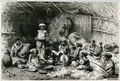 Un après-midi chez la favorite du Cheikh des Gobrons, activités des femmes : broderie et filage de la laine, vannerie et poterie. Gravure par Riou, pour illustrer le récit « Voyage chez les Benadir, les somalis et les Bayoun », en 1882-1883, par Georges Re - Edouard Riou