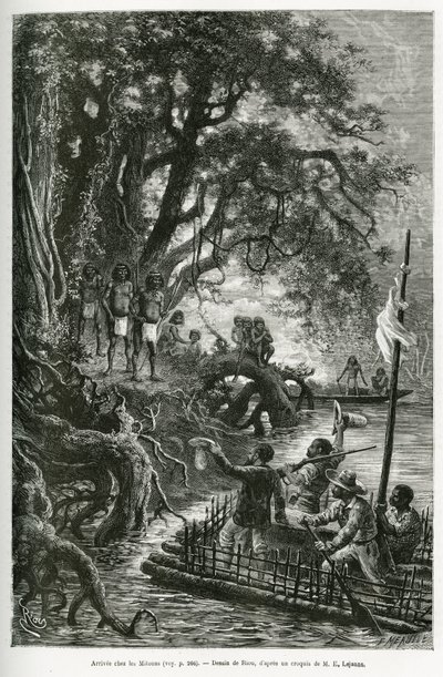 Arrivée du radeau du Dr. Crevaux et de E. Lejeanne, sur les rives bordant le village de Mitouas. Gravure de Riou, pour illustrer le voyage d