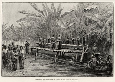 Femmes Batak, groupe ethnique du nord de Sumatra, pilant et nettoyant le riz. Gravure de Riou pour illustrer l