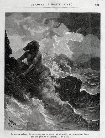 Dantès évadé à la nage - Gravure par Riou, dans «Le Comte de Monte-Cristo» par A. Dumas, éd. Jules Rouff & Cie - Edouard Riou