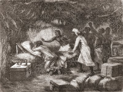 Mort du Dr Livingstone dans le village de Tchitammbo, Afrique, en 1873, illustration de "Le Monde entre les Mains", publié en 1878 - Edouard Riou