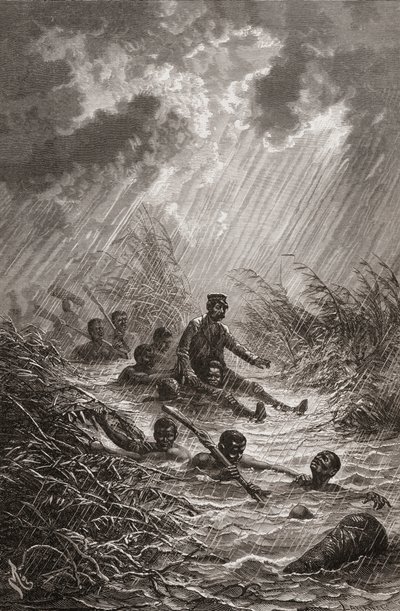 Dr. David Livingstone porté à travers un marais par des porteurs lors de son expédition en Afrique en 1872, illustration de "Le Monde entre les Mains", gravée par Charles Laplante - Edouard Riou