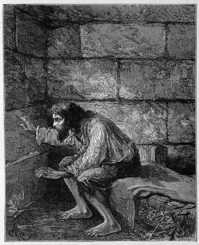 Edmond Dantès, le Comte de Monte-Cristo dans sa prison - Gravure de Riou, dans « Le Comte de Monte-Cristo » par Alexandre Dumas, Rouff & Cie - Edouard Riou