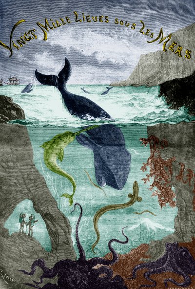 Frontispice du roman de Jules Verne Vingt mille lieues sous les mers (1870), gravure, document colorisé - Edouard Riou