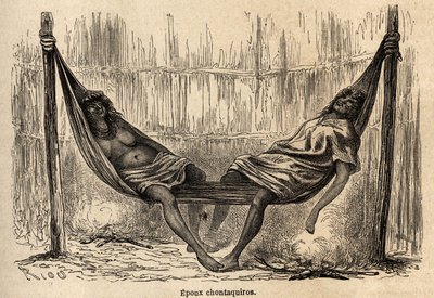 Maris indiens Chontaquiros du Pérou dormant, dans leur hamac nuptial, dessin de Riou pour illustrer le voyage, de 1848 à 1860, de P. Marcoy, de l
