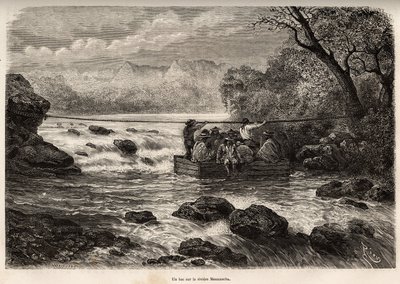La traversée par le bac de la rivière Mesacancha (Bas Pérou), gravure de E.Riou illustrant le voyage dans les montagnes, la vallée de Huarancalqui et les régions de Pjonal, 1862-1863, par Paul Marcoy, publié dans "Le tour du monde" 1875 - Edouard Riou