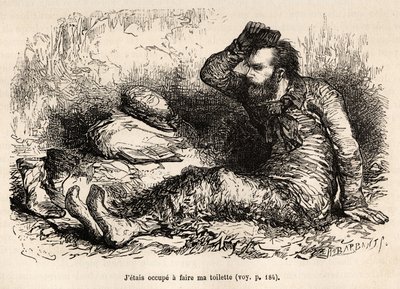 Lieutenant Tyson occupé à sa toilette matinale, peigne avant de mettre ses bottes (illustration de l