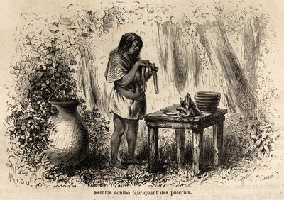 Fabrication de poterie par un Indien Conibo du Pérou, dessin de Riou pour illustrer le voyage de P. Marcoy de 1848 à 1860, de l