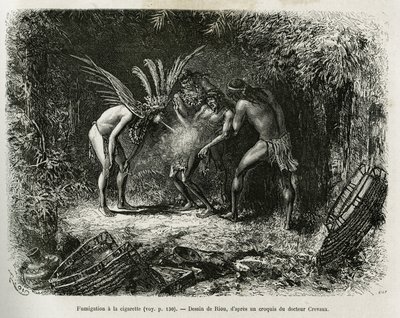Fumigation médicale avec des cigarettes chez les Indiens Roucouyan (illustration de l