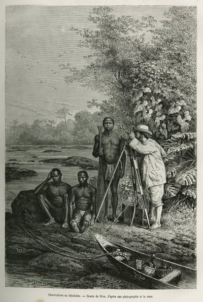 Observation au théodolite, Dr. Crevaux avec ses instruments de mesure et son équipe de guides et porteurs, en pleine séance de travail (illustration de l