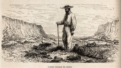 Paul Marcoy exhumant des momies incas (Bas Pérou), gravure de E.Riou illustrant le voyage dans les montagnes, la vallée de Huarancalqui et les régions de Pjonal, 1862-1863, par Paul Marcoy, publié dans "Le tour du monde" 1875 - Edouard Riou