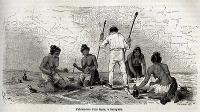 Paul Marcoy apprit à faire un tapis avec les veuves de Sarayacu (Pérou), dessin de Riou, pour illustrer le voyage de Paul Marcoy de l
