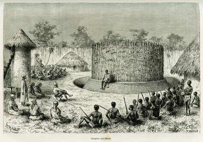 Réception chez Mkwewe, chef de tribu, avec le narrateur. Gravure de Riou pour illustrer le récit Les lacs de l