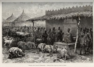 Réception chez le naba Sanem, du royaume Mossi (ou Mossé) de Waghadougou (Ouagadougou, Burkina Faso). Gravure de Riou, pour illustrer l