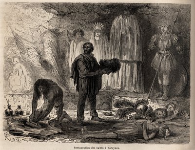 Restauration des statues de saints à Sarayacu (Pérou), dessin de Riou, pour illustrer le voyage de Paul Marcoy de l