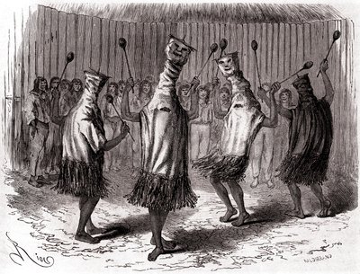 Danse rituelle des Indiens Ticuna du Pérou portant des déguisements et des masques - Edouard Riou