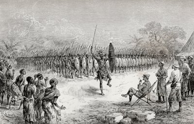 Sir Henry Morton Stanley regardant une danse phalange par les guerriers de Mazamboni à Usiri, 1890 (gravure sur bois) - Edouard Riou