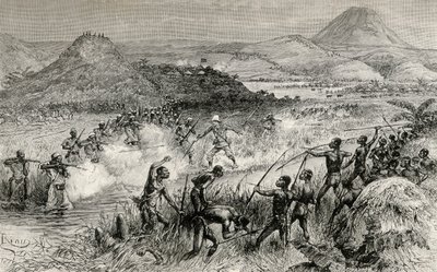 Première rencontre de Sir Henry Morton Stanley avec le peuple Mazamboni, 1890 (gravure sur bois) - Edouard Riou