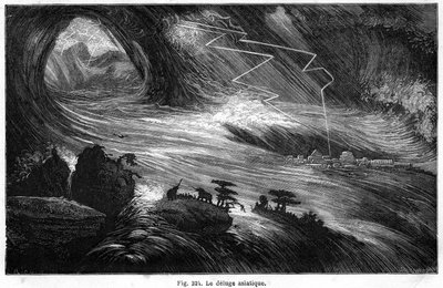 Le déluge asiatique : une catastrophe qui aurait pu inspirer le déluge décrit dans la Bible : du livre de Louis Figuier « La Terre avant le déluge », édition Hachette 1872 - Edouard Riou