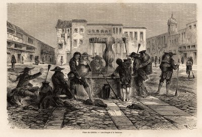 Les Pongos, Indiens soumis à la servitude, à la fontaine, sur la place du cabildo, à Cuzco, dessin de Riou, pour illustrer le voyage à travers l
