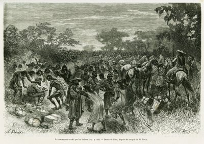 Le camp envahi par les Indiens. Gravure pour illustrer l