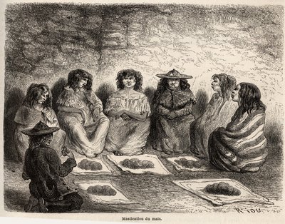 La mastication du gunapo, mais germe, pour la fabrication de la chicha à Comtapata, héritage de la technique de fermentation des anciens Indiens Aymaras du Haut-Pérou, dessin par Riou, pour illustrer le voyage à travers l