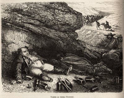 Le colonel du génie et son aide-de-camp, ivres après la petite fête donnée par les notables de Cailloma, se cachent derrière les rochers. Gravure par E.Riou pour illustrer une expédition - Edouard Riou
