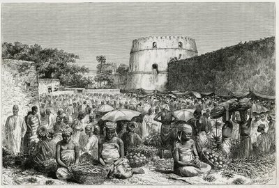 Le marché aux fruits de Zanzibar (Tanzanie). Gravure de Riou, pour illustrer le récit « Voyage au Benadir, les Omalis et le Bayoun », en 1882-1883, par M.G.Revoil. Publié dans Le Tour du monde, nouveau journal des voyages - Edouard Riou