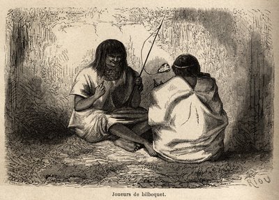 Le jeu du bilboquet, avec une tête de tortue, parmi les Indiens Conibos du Pérou, dessin de Riou pour illustrer le voyage de P. Marcoy de 1848 à 1860, de l